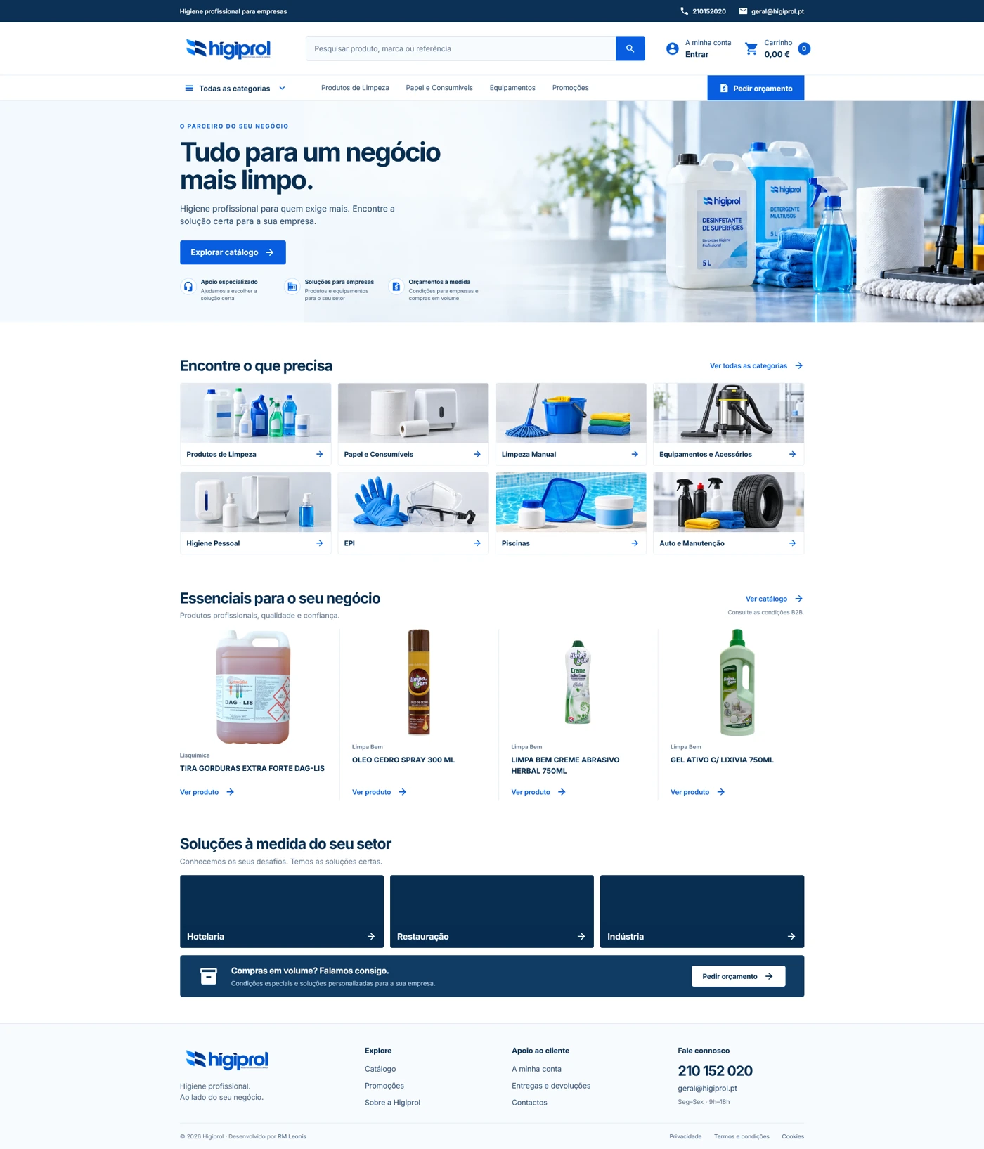 Página inicial da Higiprol, com produtos de limpeza e higiene profissional