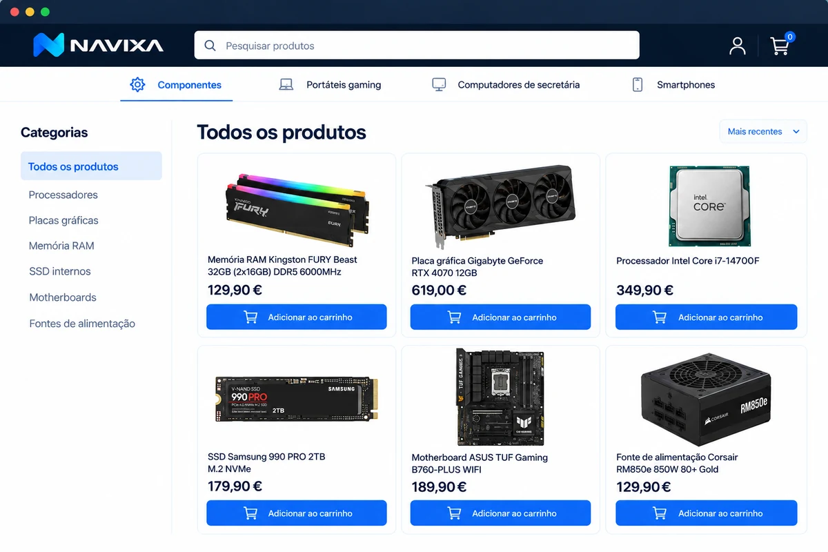 Simulação visual da Navixa: Catálogo de produtos