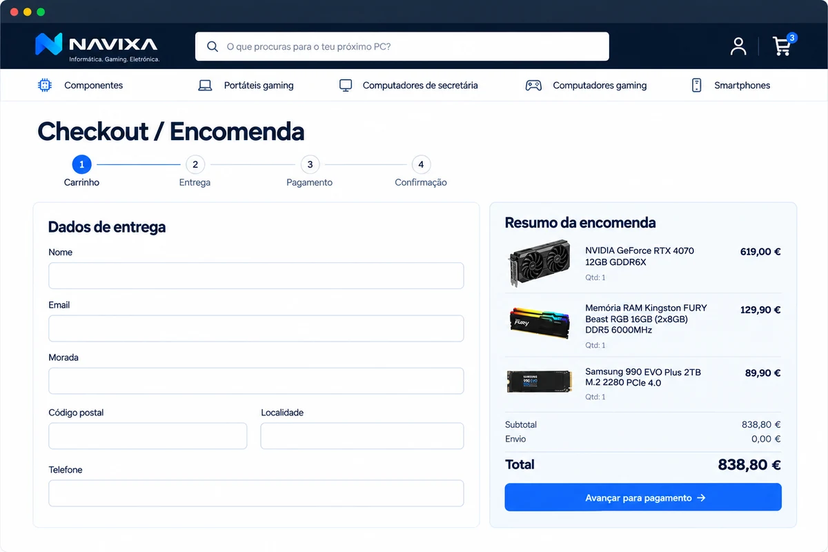 Simulação visual da Navixa: Checkout / Encomenda