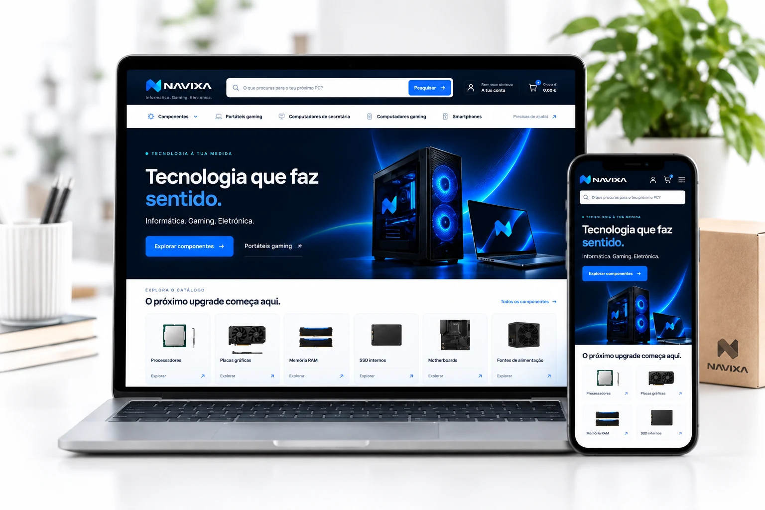 Simulação visual da loja Navixa num computador e telemóvel