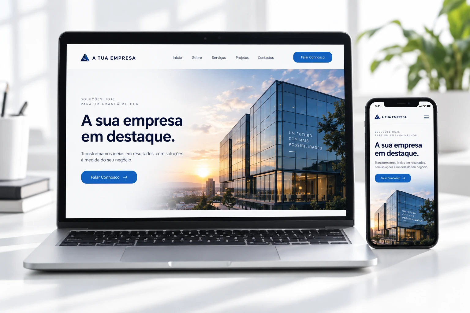 Exemplo de website empresarial num computador e num telemóvel