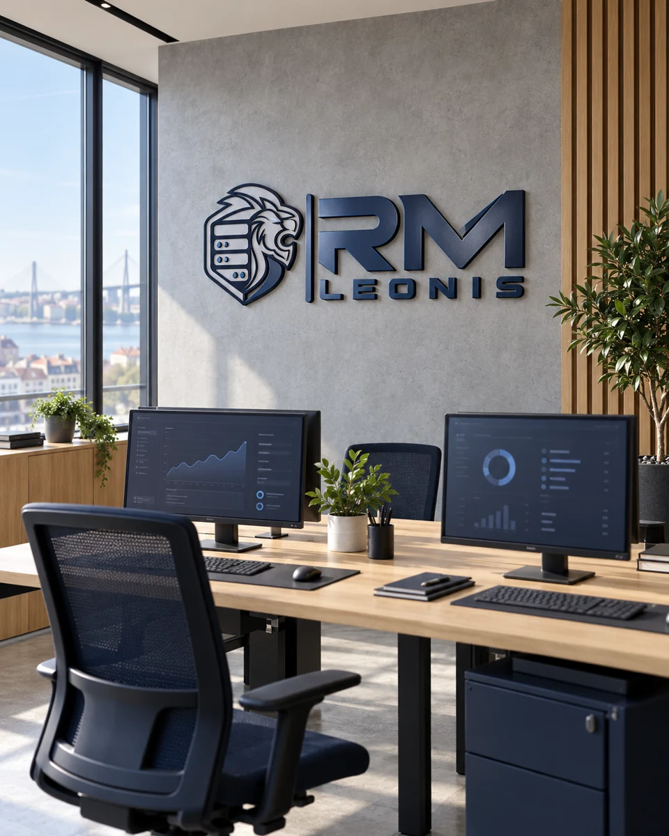 Ilustração de um escritório com a identidade da RM Leonis